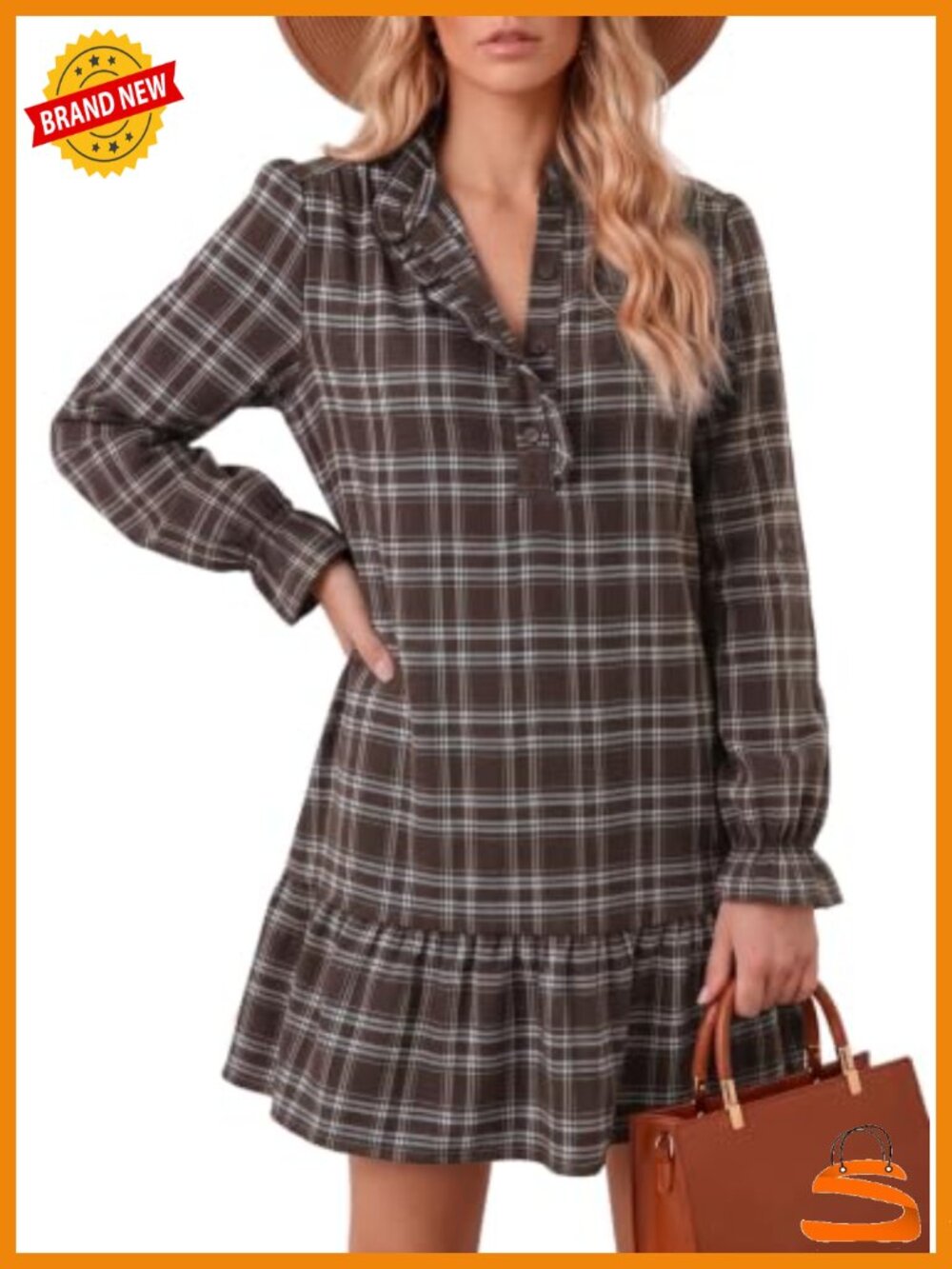 Dokotoo Women Long Sleeve Ruffled Button Down Plaid Mini Dress